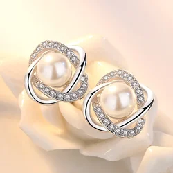 Luxe 925 Sterling Oorbellen Zirkoon Parel Twist Luxe Oorknopjes Voor Vrouwen Brincos Pendientes Bijoux