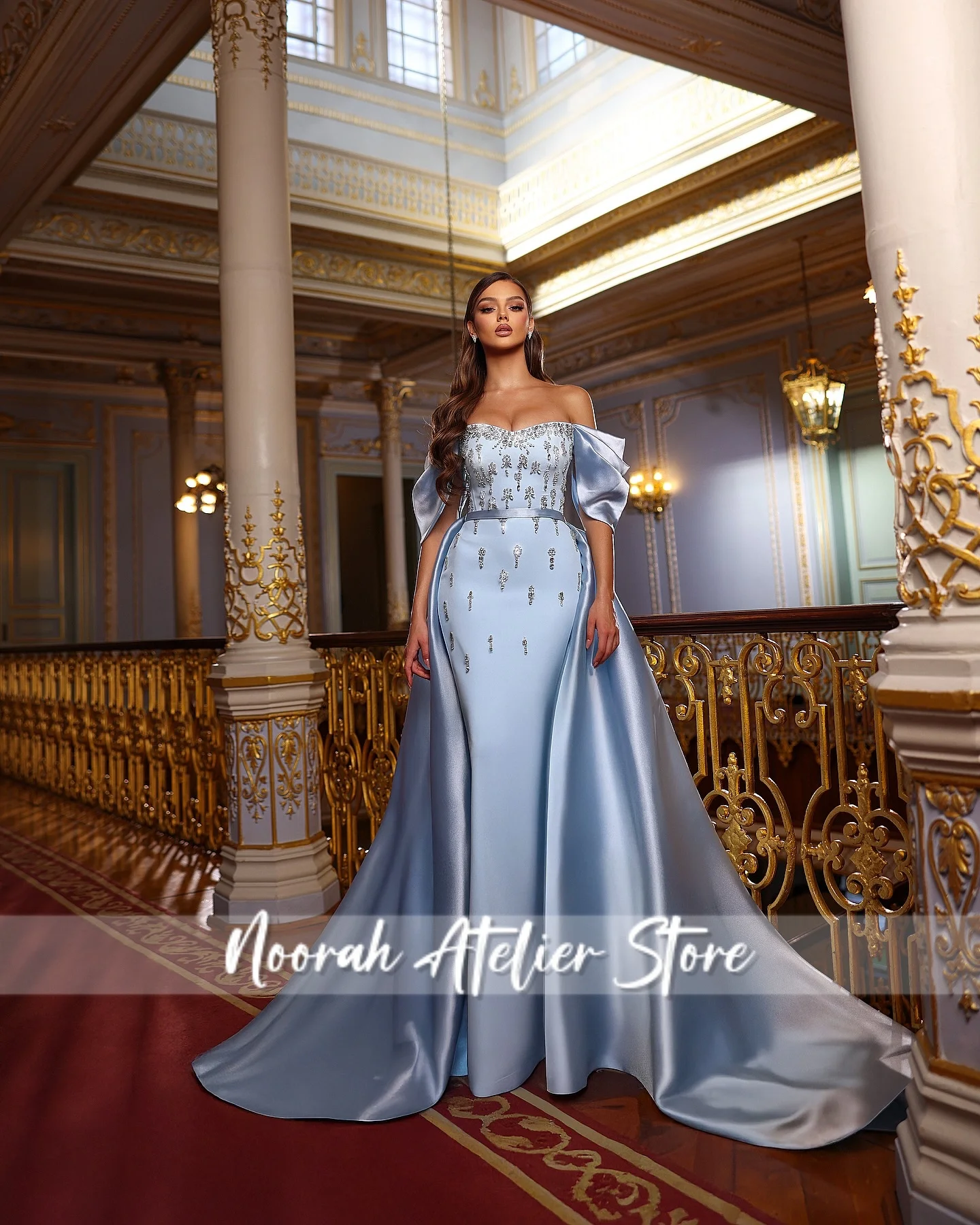 Blue Stain Beaded Off Shoulder Luxury women Evening Dresses 2025 Women Dubai Train Celebrity Party Gown Prom Dress Customized