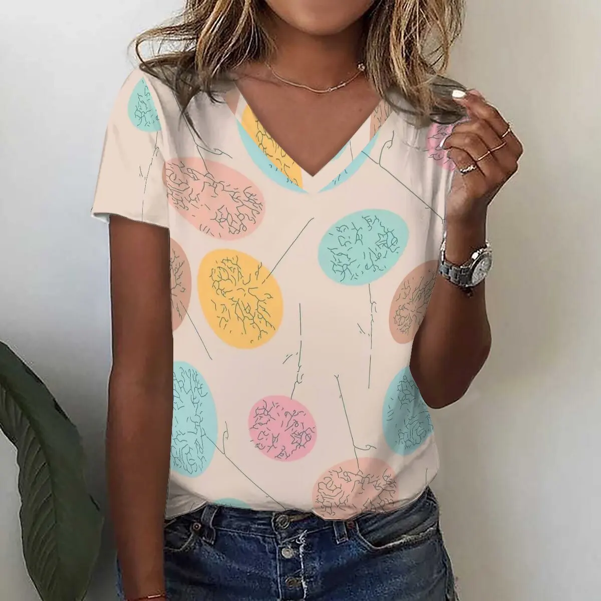 レディース3DタンポポプリントVネックTシャツ,特大トップス,原宿婦人服,カジュアルストリートウェア,サマーファッション,y2k
