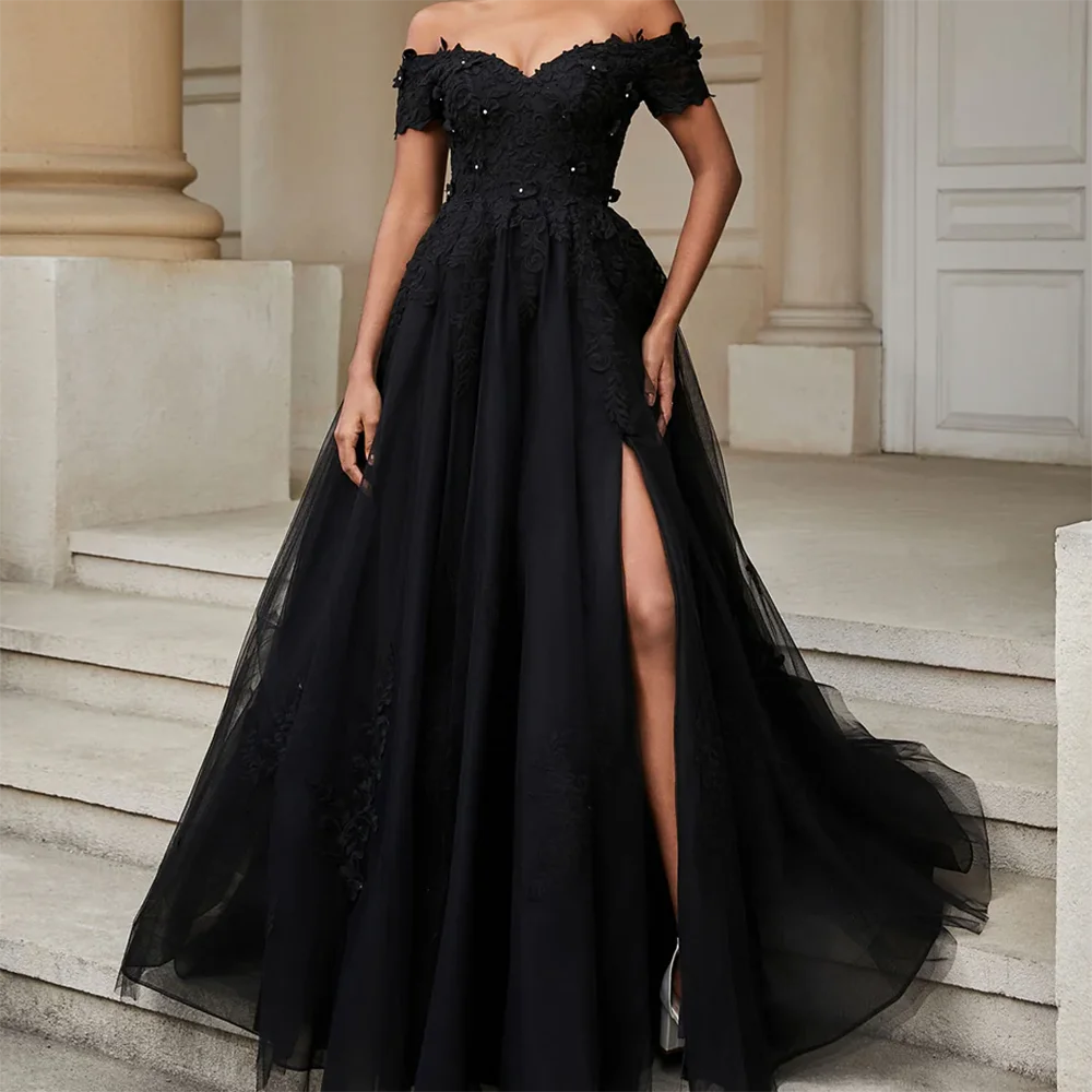 Robe de soirée trapèze noire classique, épaules dénudées, plis de perles, robes de bal formelles pour fête d'anniversaire, personnalisées