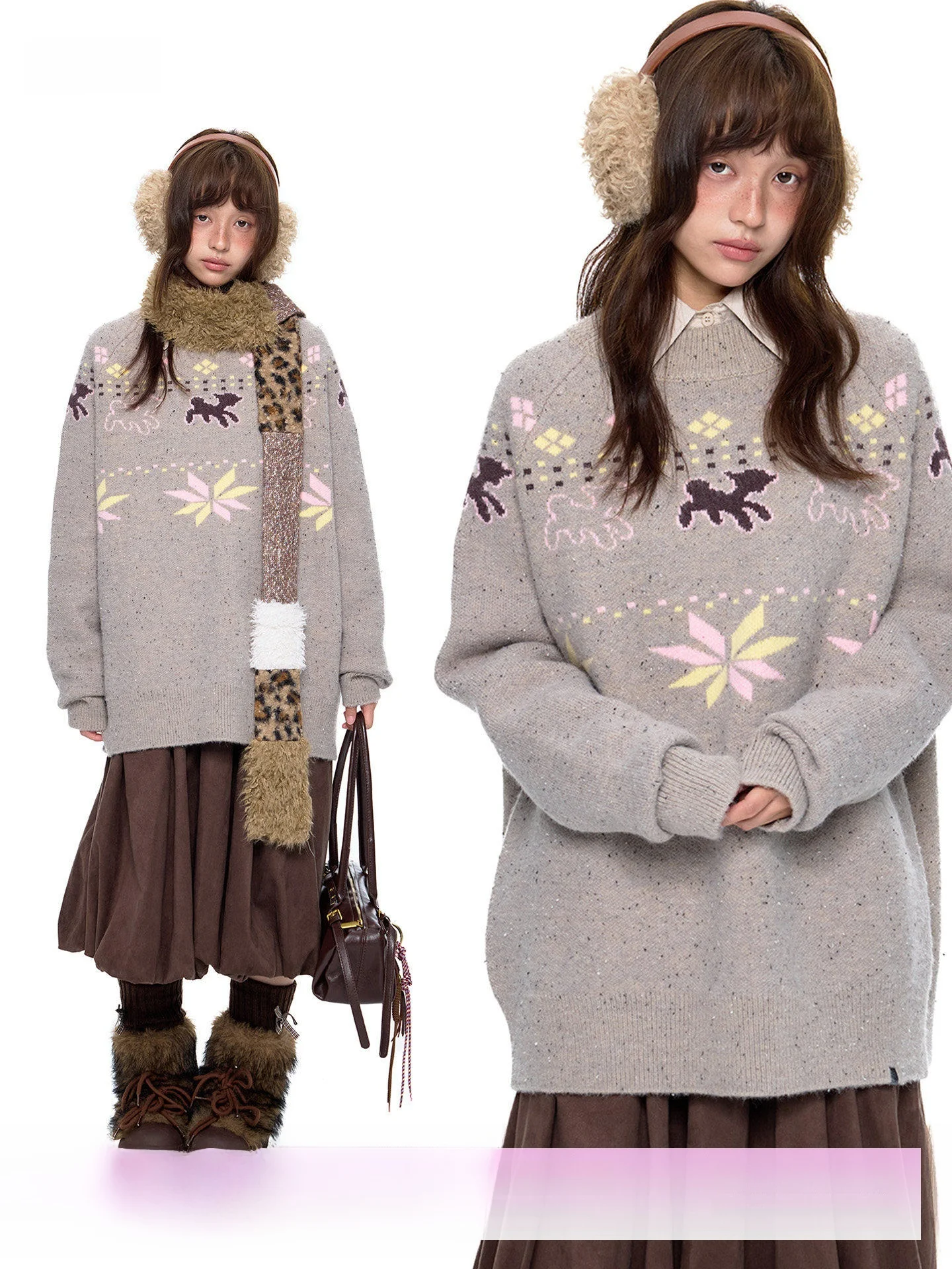 

Женский вязаный свитер EZEK с принтом Fair Isle, круглый вырез, повседневный свободный топ, осенняя новинка, уличный стиль, смесь полиэстера