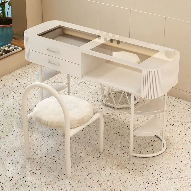 Modern Nail Desk White Gray Economy Glass Single And Double Selling Light Luxury Nail Desk Nail Shop Set