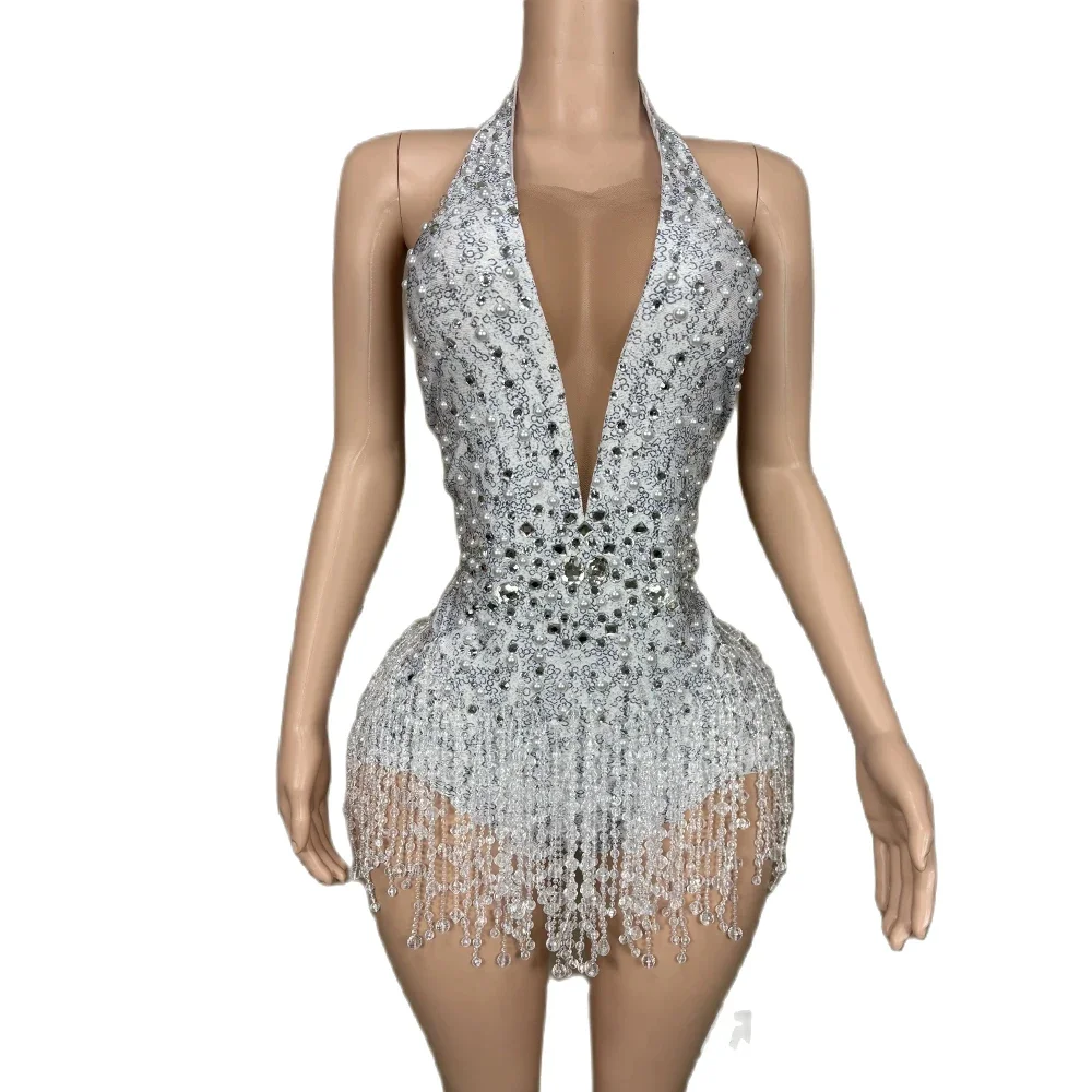 

Sexy Glimmer Luxury Crystals Cocktail Bodysuit Tassel Backless Sleeveless Vestidos De Festa Birthday Wedding Photoshoot Bodysuit