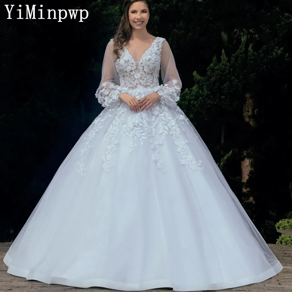 

Tulle Ball Gown Wedding Dresses for Bride V Neck Backless Long Sleeve Sweep Train Lace Flower Garden Beach Bridal Gown Custom