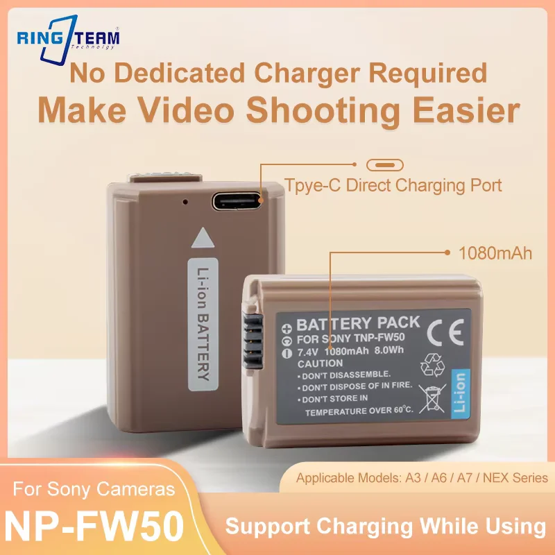 Batería de cámara TNP-FW50 NP FW50 de 1080mAh con entrada de carga tipo C para Sony Alpha a6500 a6300 a6000 a5000 a3000 NEX-3 a7R ZV-e1