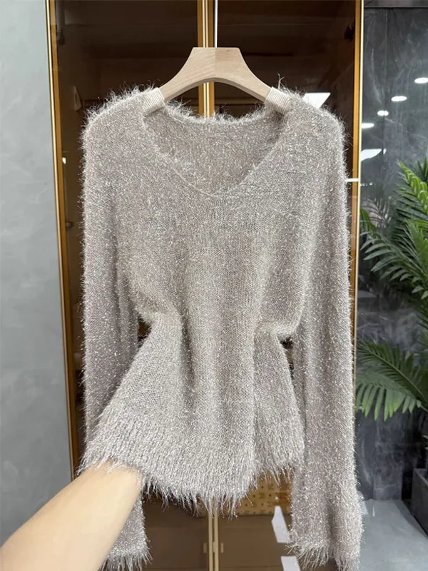 

Вязаный длинный блестящий топ с V-образным вырезом для женщин: комфортный свободный крой, в корейском стиле, для повседневной носки и тепла