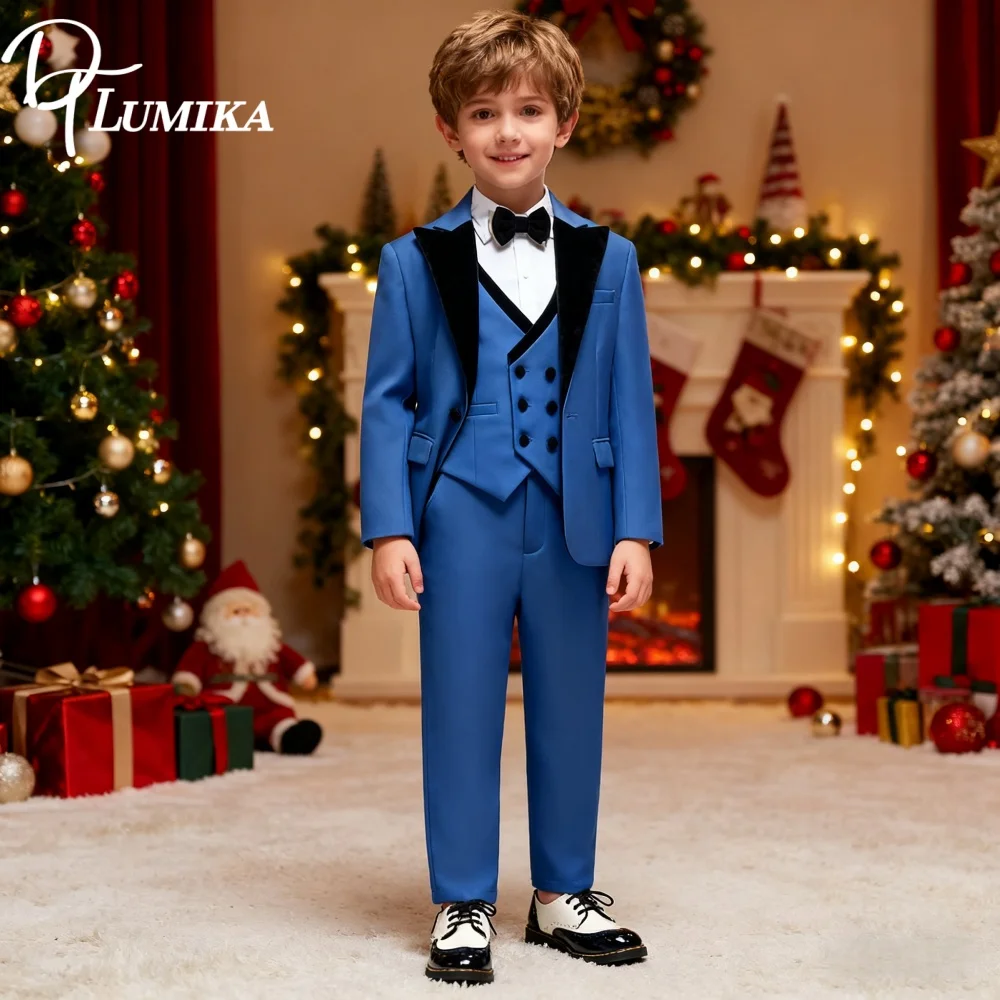 

Быстрая доставка, синий комплект из 4 предметов смокинга для мальчиков, пиджак, жилет, брюки, элегантный детский торжественный наряд для свадебной фотосессии, вечеринки