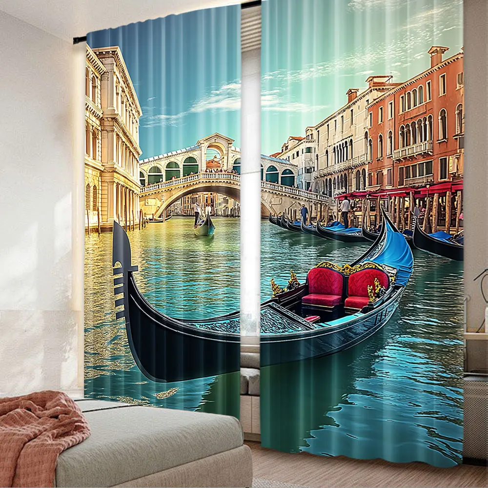 2Pcs City Curtain Bridge Canal Sunset Panorama Italy Gondola Landscape For Living Room Bedroom And Many Other Occasions