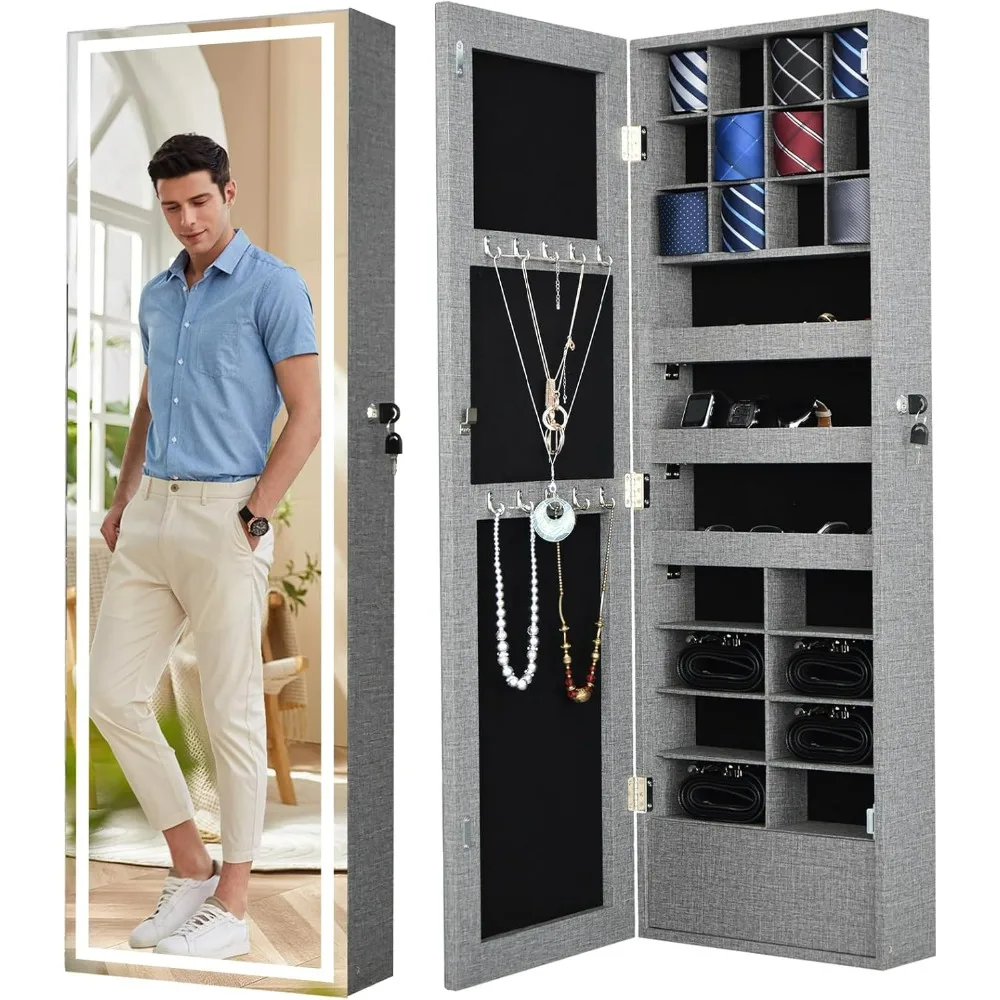 

LED Jewelry Cabinet with Mirror, Mount Jewelry Organizer Mirror with LED Lights, Lockable Full Length Mirror with Storage Drawer