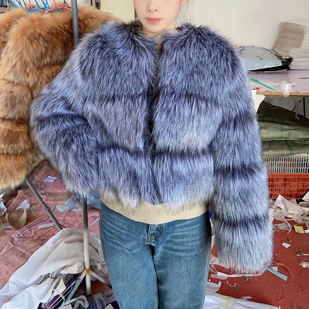 HOOOFUR namaakbontjas damesjas wintermode warm dik zilvervos leer bruin plus maat speciaal nepbont koude jas