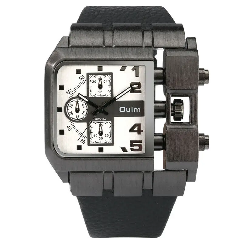 OULM Unique Design Square Men Wristwatch Wide Big Dial Leather Strap Watches