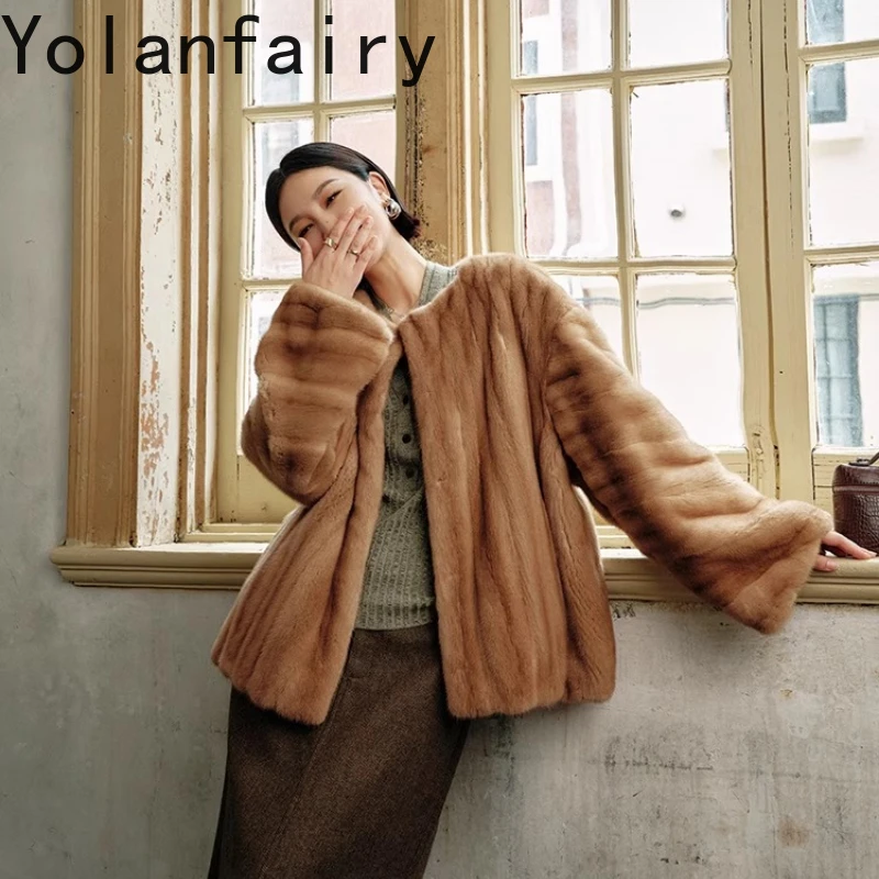 เสื้อโค้ทขนมิงค์แท้ YOLANFAIRY ขนยาวธรรมชาติ สำหรับผู้หญิง สีม่วง ป้ายกำมะหยี่ ให้ความอบอุ่นในฤดูหนาว รุ่น 2025