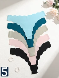 FINETOO 5PCS/Set Women's Panties Ice Silk Satin Seamless Thongs Fashion Seamless Panties Sexy Lingerie Lady Wavy Edge G-Strings