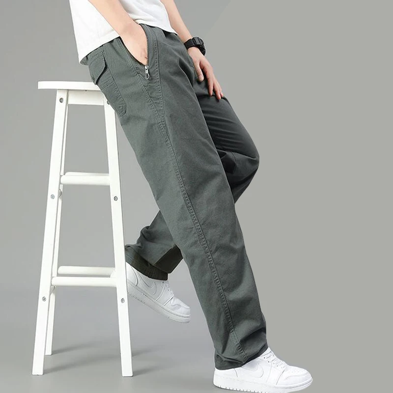 Mens Cotton Pants Spring Summer Sports Casual Pants Cargo Trousers Loose Fit with Zipper Pockets Big Size 5XL