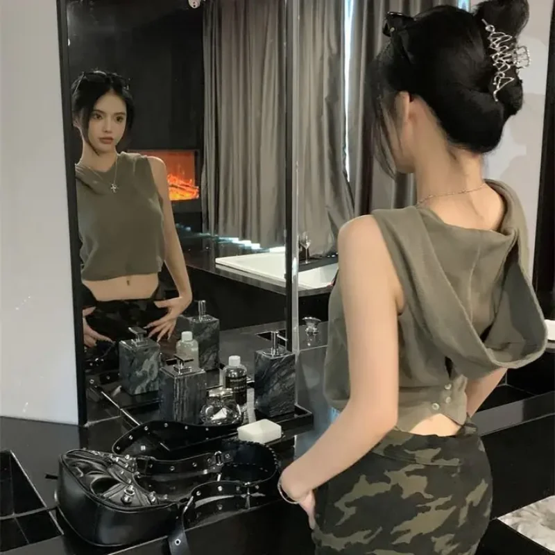 

American style spicy girl design hooded sleeveless vest summer trend slim fit Y2K women's sports top millennium style