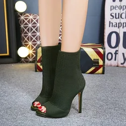 Ladies Ankle Boots Fashion Peep Toe Stretch Fabric Knitting Small Hole Hollow Out Breathable Dress Women High Heels Dance Shoes