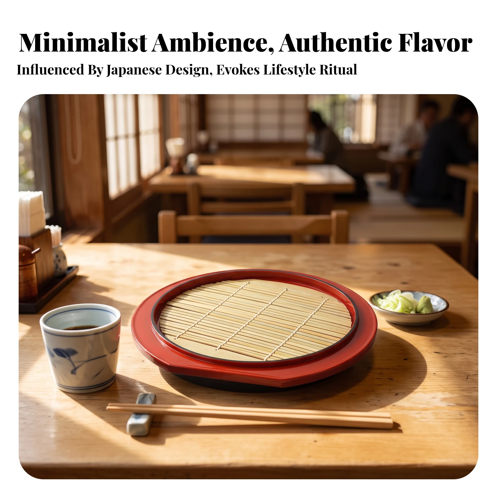 Soba Plate with Bamboo Mat Lacquered Soba Noodle Plate Sushi Serving Tray with Mat Black for Home Chefs, Summer Dining