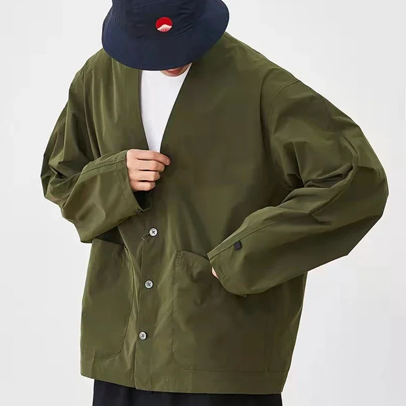 Japan Multi Pocket Loose Waterproof Cardigan Coat Taoist Robe Long Sleeve Oversized Army Green Jacket Amekaji Style