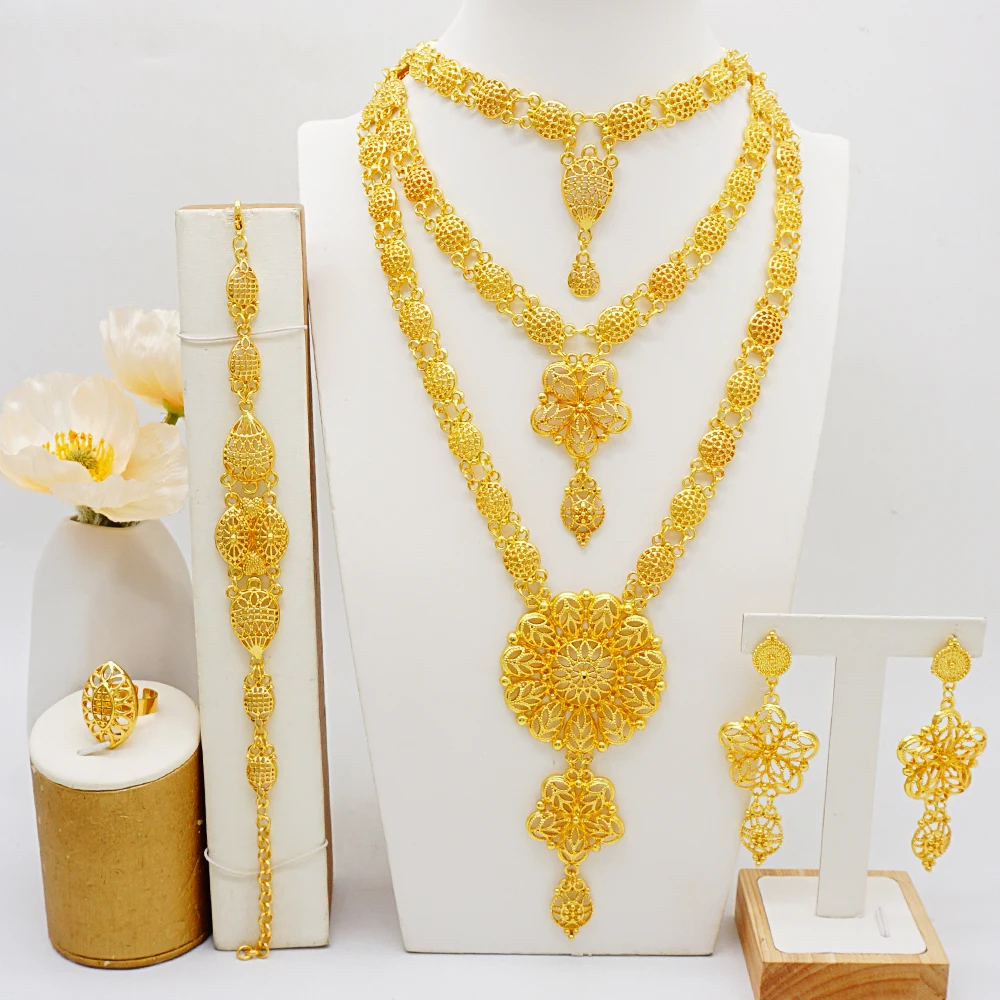 Ethiopian Style Gold Color Jewelry Sets Necklace Earrings Rings Bracelets Suitable For Newlywed Women\'s Wedding Parties