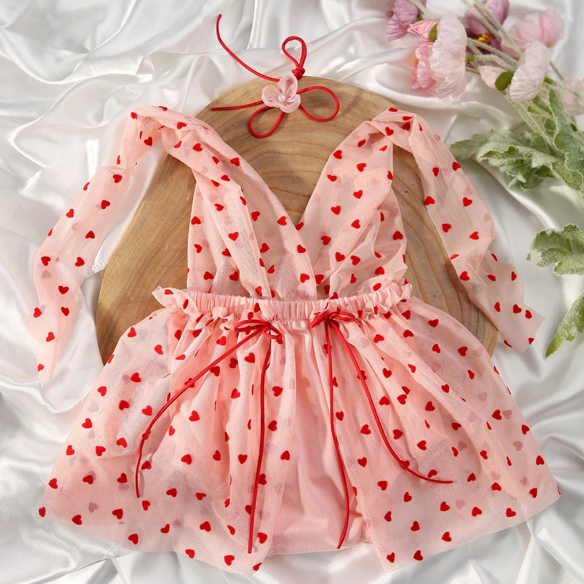 2PCS Dusty Pink Newborn Girl Photography Outfit Red Heart Mesh Romper for Photo Shoot Matching Headband Baby Girl Photo Props-HD