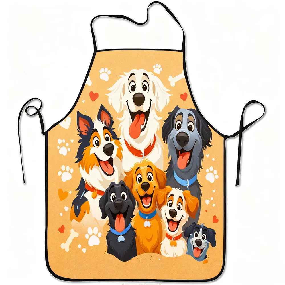 Cute Dog Group Apron, Cartoon Puppy Print Kitchen Bib, Funny Pet Lover Gift for Women Men Cooking Baking Home Decor