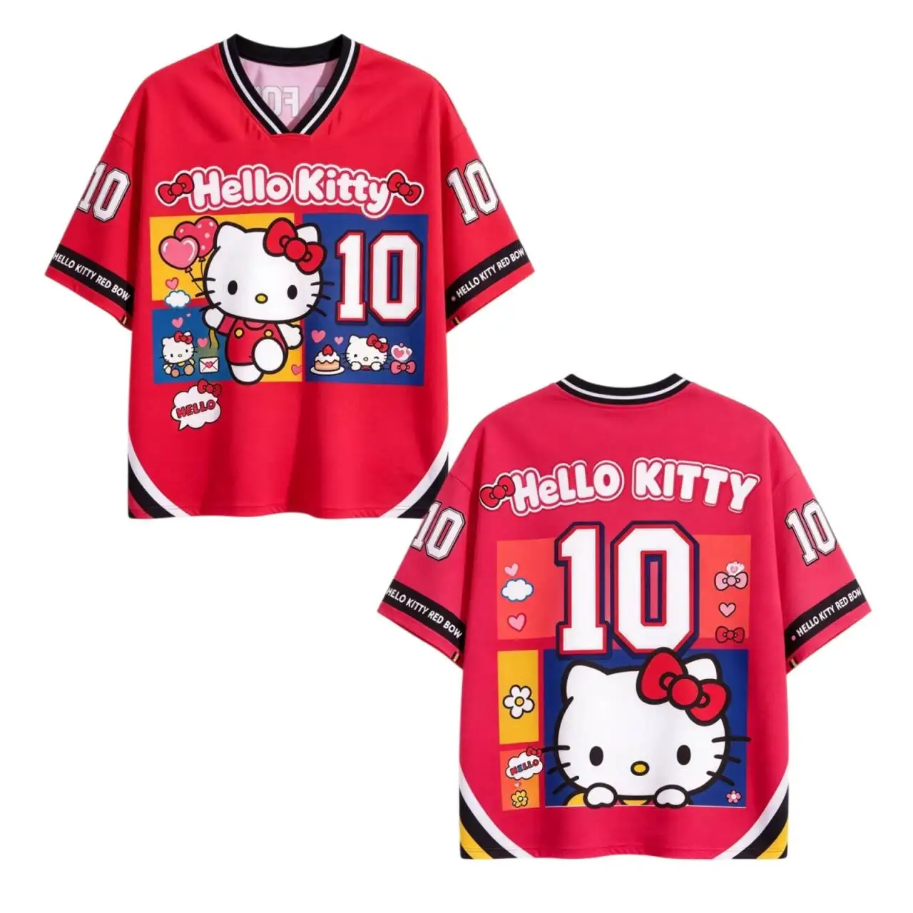 Hello Kitty New V-Neck Mesh Jersey Cute Popular Women Red Unisex T-shirt Casual Kawaii Cartoon Fan Y2K Oversized Streetwear Top
