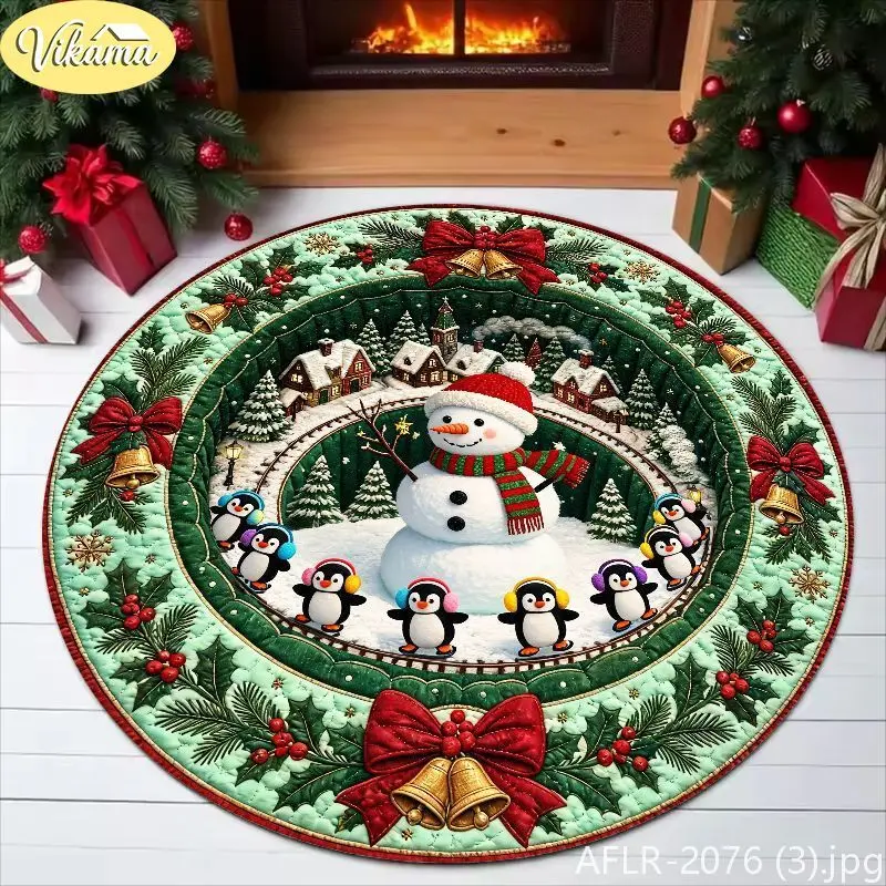 VIKAMA Christmas Round Rug 3D Illusion Snowman Penguin Mini Train Print Rug Soft Non Slip Living Room Rug Cozy Home Decor