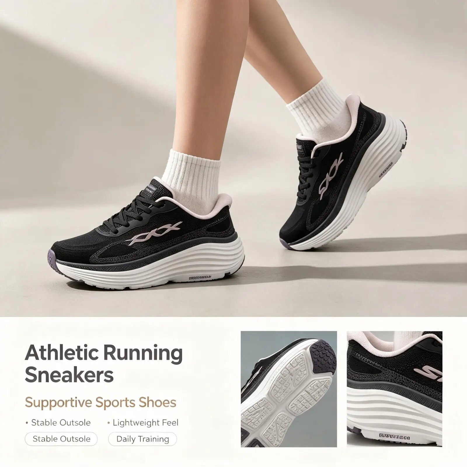 New Skechers Black White Running Shoes, Breathable Mesh Athletic Sneakers, Comfortable Cushioned Sports Shoes