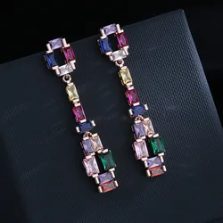 Elegant Retro Colored Rectangular Zircon Earrings Colorful Tourmaline Long Stud Earrings Ladies Party Birthday Jewelry Gift