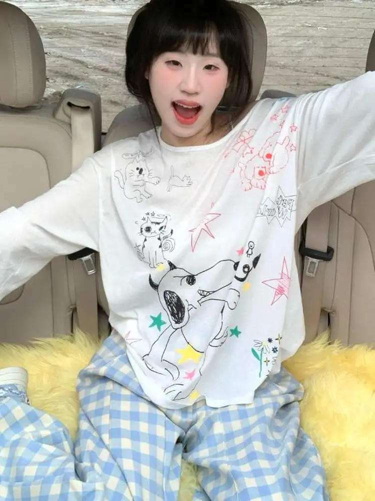 American Lazy Thin Cartoon Cover up Top lungo Sve Casual Allentato Estate New Sle Set a due pezzi Pantaloni a gamba dritta a vita alta