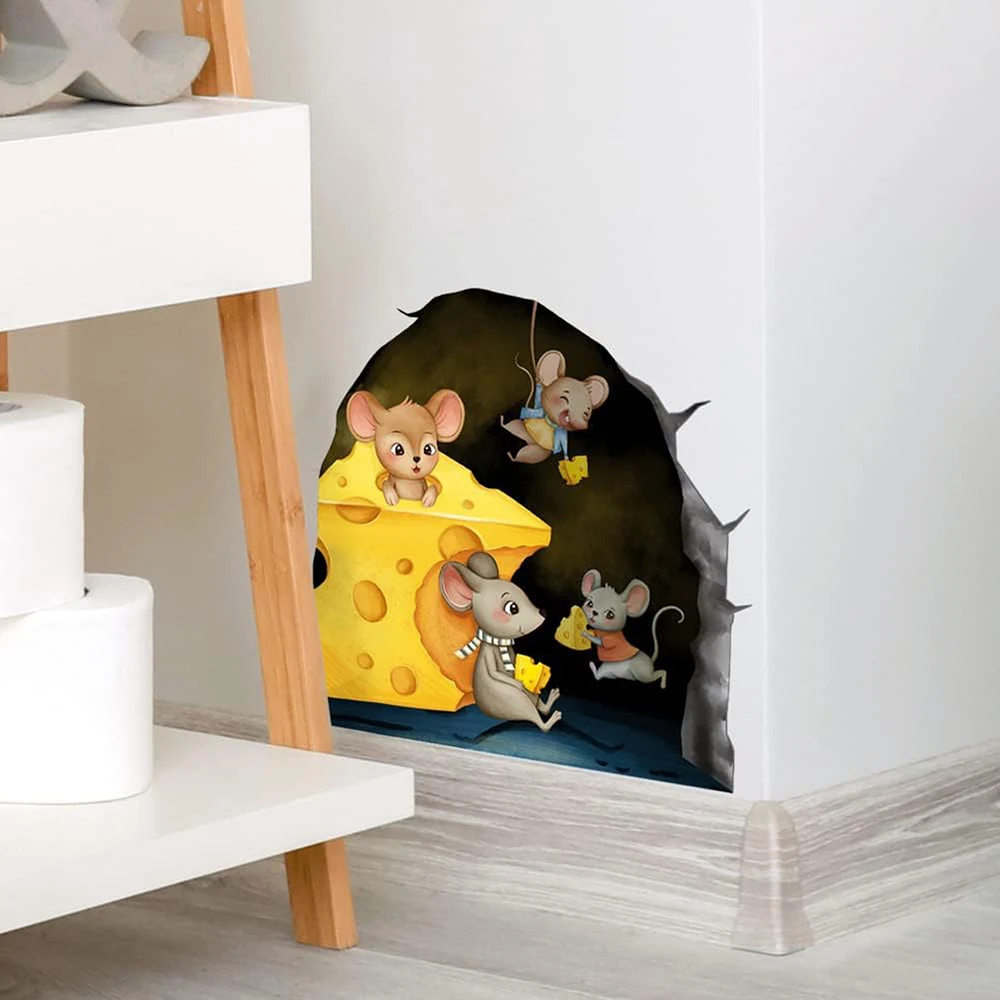 Cartoon Mouse Hole Mouse Eating Cheese Wall Sticker Decal Kitchen Living Room Home Decor