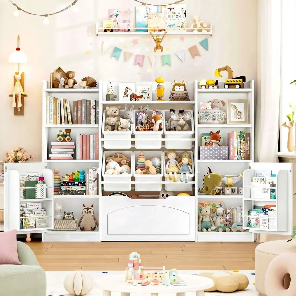 

6-Bin Toy Storage Organizer & 5-in-1 Kids Bookshelf with Movable Chests, 2-Tier Door, White