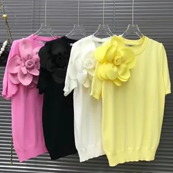 3D Flower Stitch 2024 Summer Sweater Women's Knitted Pullover Loose O-Neck Short Sleeve Sweater Pullover Tops