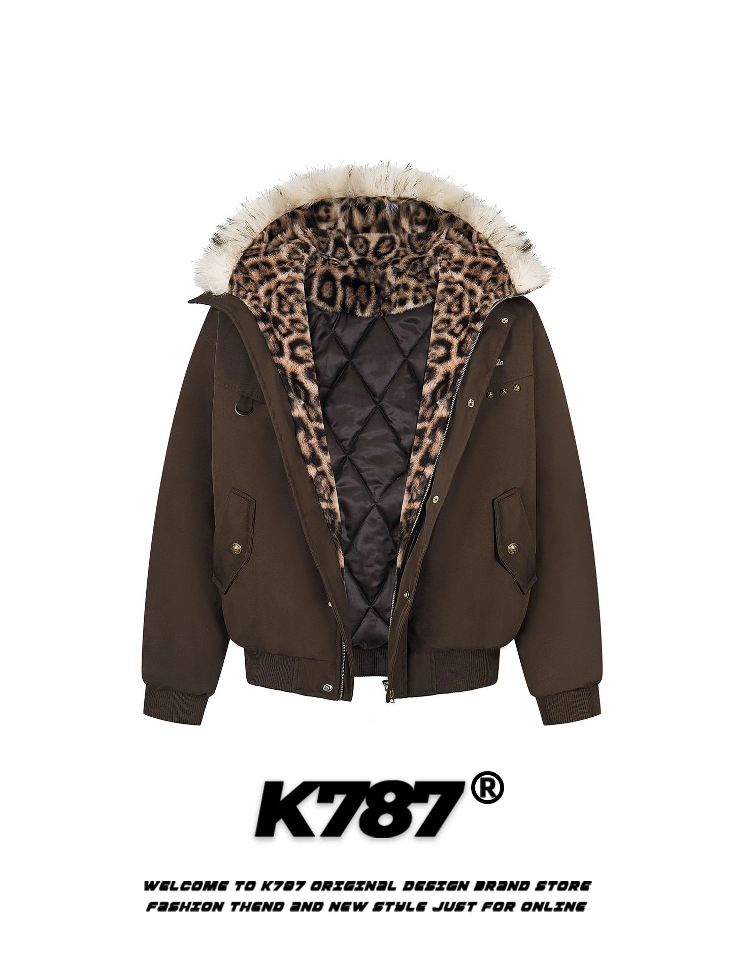 

K787 American Retro Hooded Cotton Jaet Thiened Fur Collar Men's Leopard Print Trendy Brand Warm Parka Cotton Coat Winter