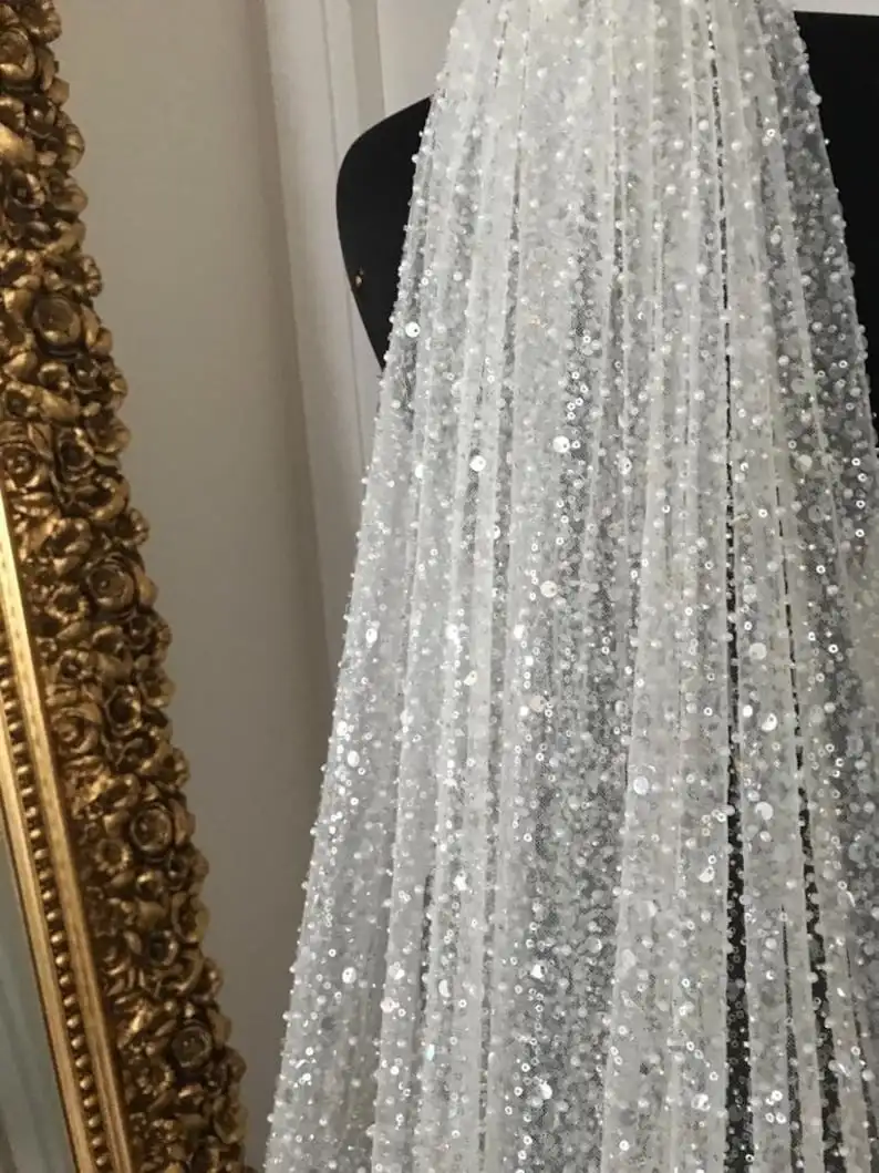 

1 Layer Cathedral Long Pearled Glitter Wedding Veil With Comb Bridal Veil Fingertip Veils Bride Accessory