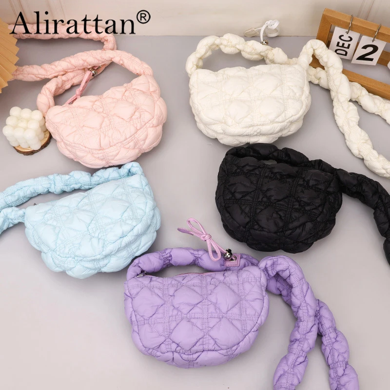 

Alirattan 2024 New Quilted Pleated Shoulder Bags for Women Padded Bag Nylon Handbags Bucket Purse Nylon Tote Bag