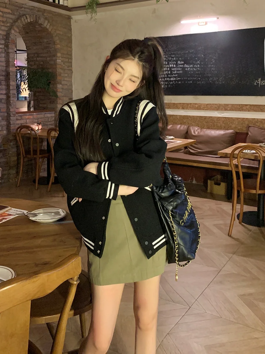 高級ウールベースボールジャケット 本革アウター レディースコート ニュートラルスタイル カジュアル スイートスタイル ラウンドネック 冬コート