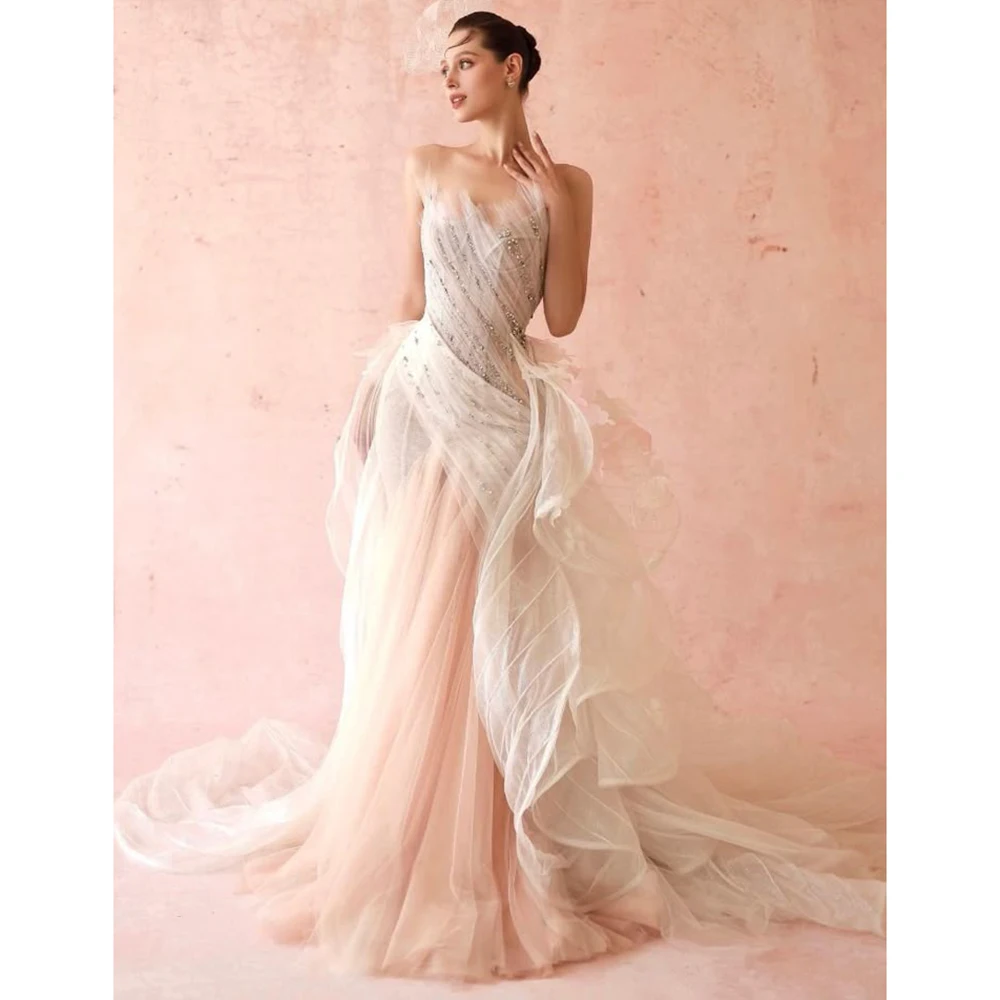 Blush Pink Asymmetrical Tulle Gown Off-Shoulder Beaded Bodice Ruffled Overlay Mermaid Formal Wedding Prom Evening Dress