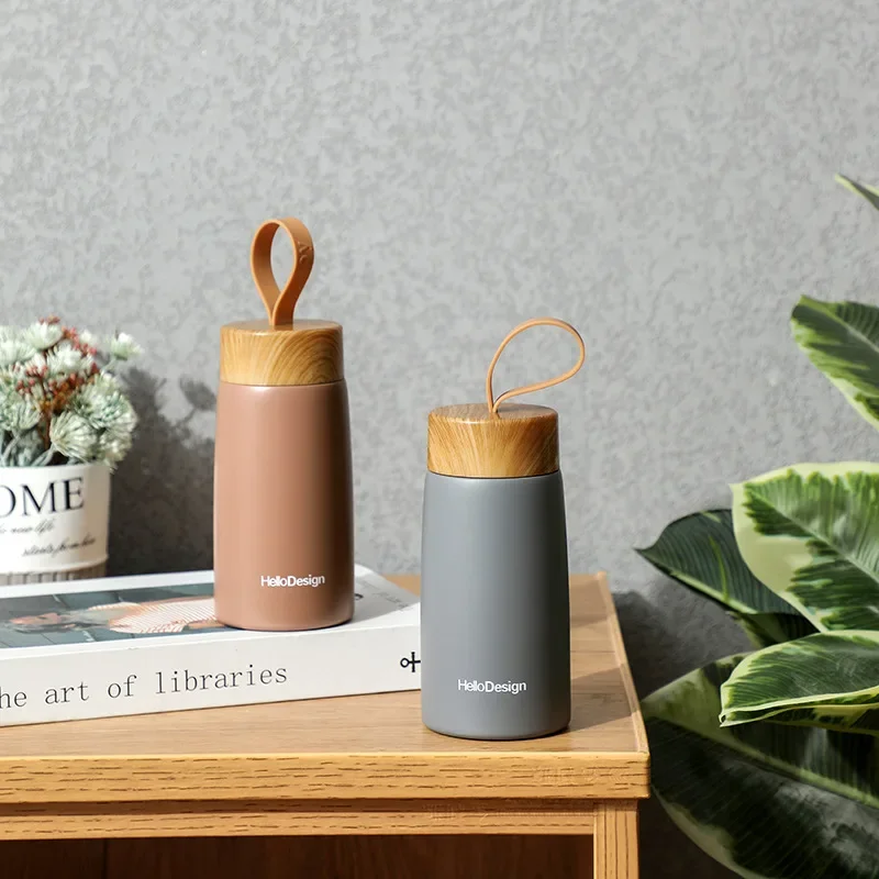 280ml Mini Pocket Thermos with Wood Grain Lid,Small Vacuum Insulated Water Bottle with Silicone Carry Strap Women Purse Travel
