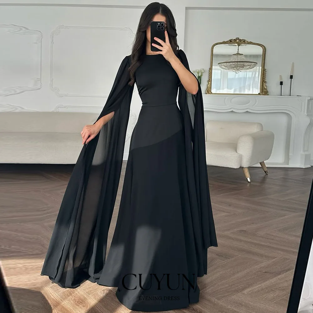 

CUYUN Black Elegant Long Sleeves Slit Evening Dresses A Line Customized Long Prom Gown Wedding Banquet Party Dress for Guest