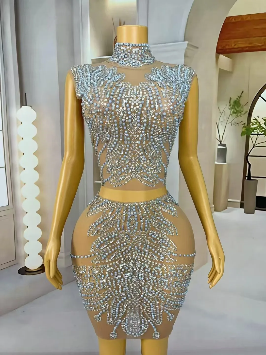 เงาไข่มุก Rhinestones แยกชุดตาข่ายชุดราตรีชุดวันเกิดฉลองชุดนักร้องประสิทธิภาพถ่ายภาพชุด