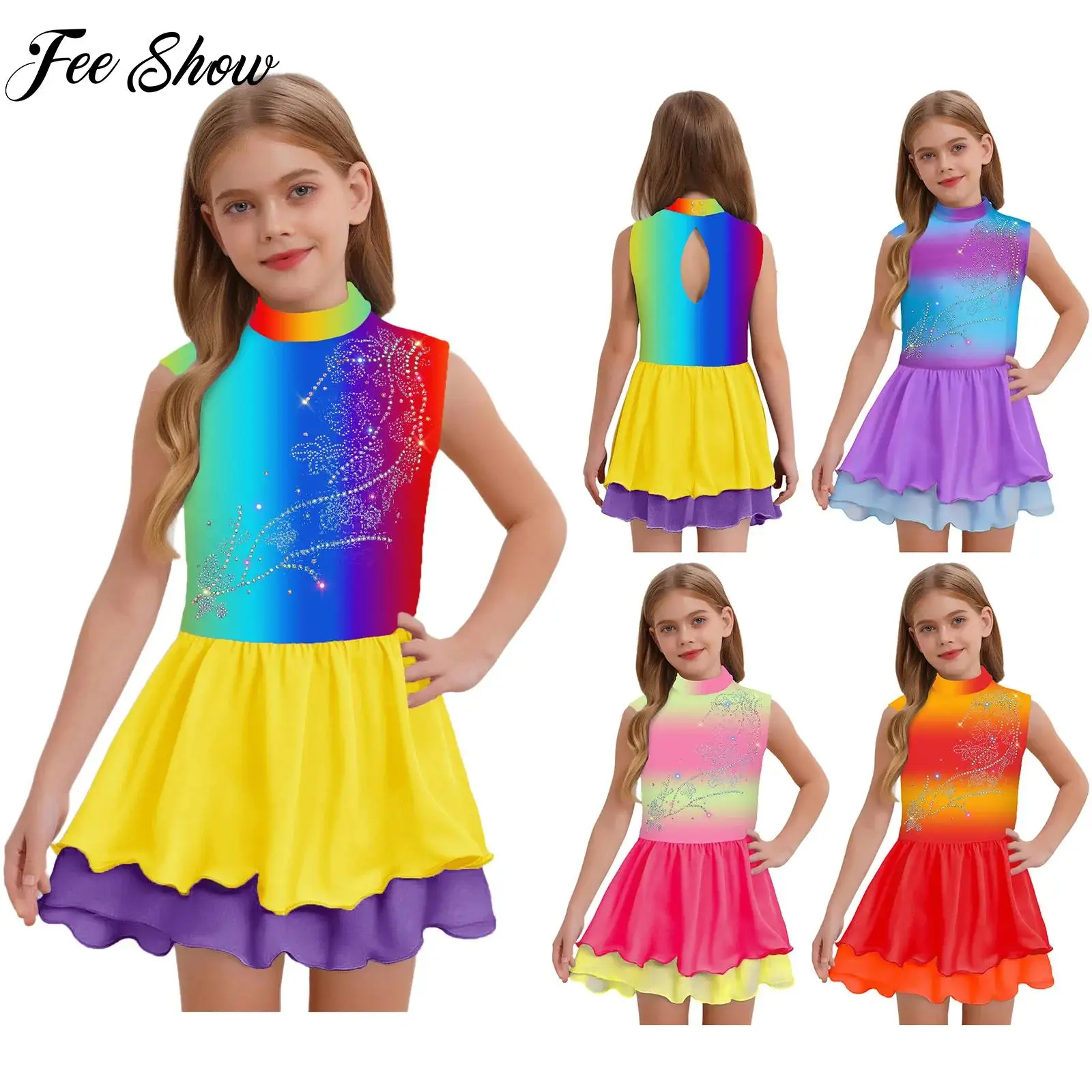 

Children Girls Gradient Figure Ice Skating Dress Rhinestone Gymnastics Leotard Ballroom Ballet Dance Performance Party Costume