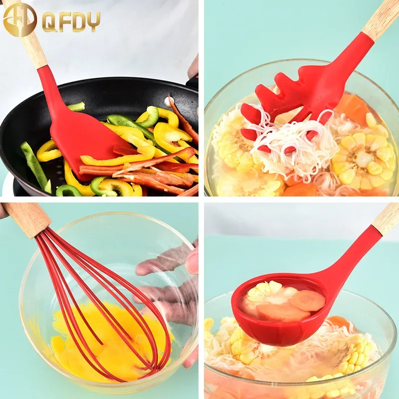 Non-stick pan cooking 12 pieces wooden handle silicone kitchenware  storage bucket Household items Baking storage tools kitchen