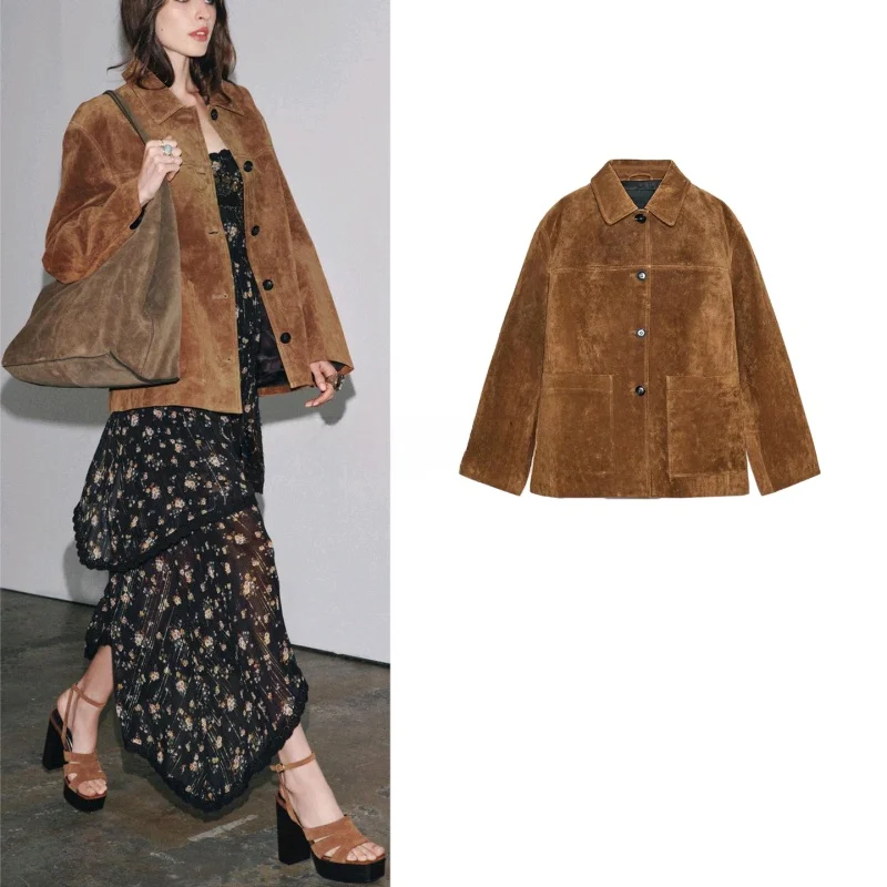 เสื้อแจ็คเก็ตผู้หญิงสไตล์ลำลองสำหรับฤดูใบไม้ร่วง แขนยาว ปกพับ ผ้าหนังกลับเทียม ติดกระดุมเม็ดเดียว มีหลายแบบ