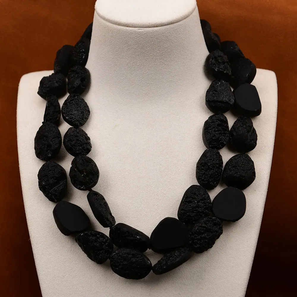 G-G 2 Rows Heavy Jewelry Natural Black Meteorite Nugget Gems Stone Necklace Handmade Multi Strands Necklace