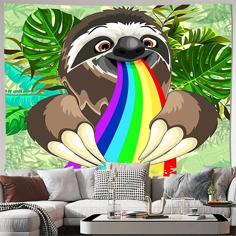 Vibrant Rainbow Sloth Tapestry Wall Hanging Nature Aesthetic Room Decor Hippie Bohemian Dorm Wall Art Gift Tropical Forest Canop