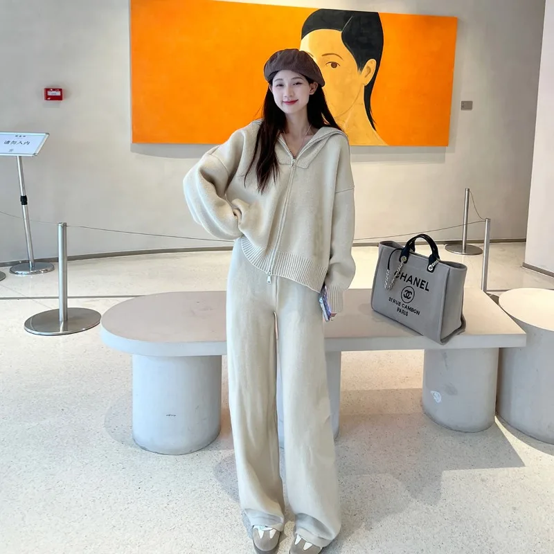 New Korean Fashion Casual Loose Women's Two Piece Set Knitted Zipper Long Sleeve Winter Warm Cardigan Coat + Wide Leg Pants Suit