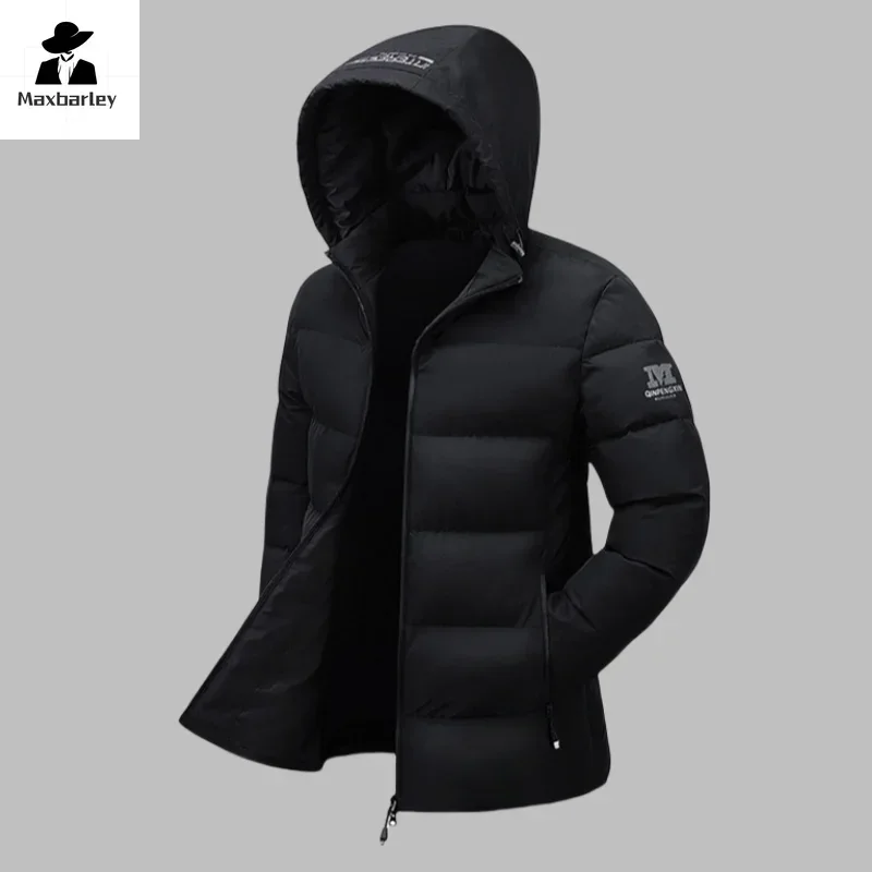 Inverno jaqueta de comprimento médio masculino casual bolso com zíper à prova de vento quente parka masculino na moda esqui grosso casaco com capuz marca puffer jaqueta