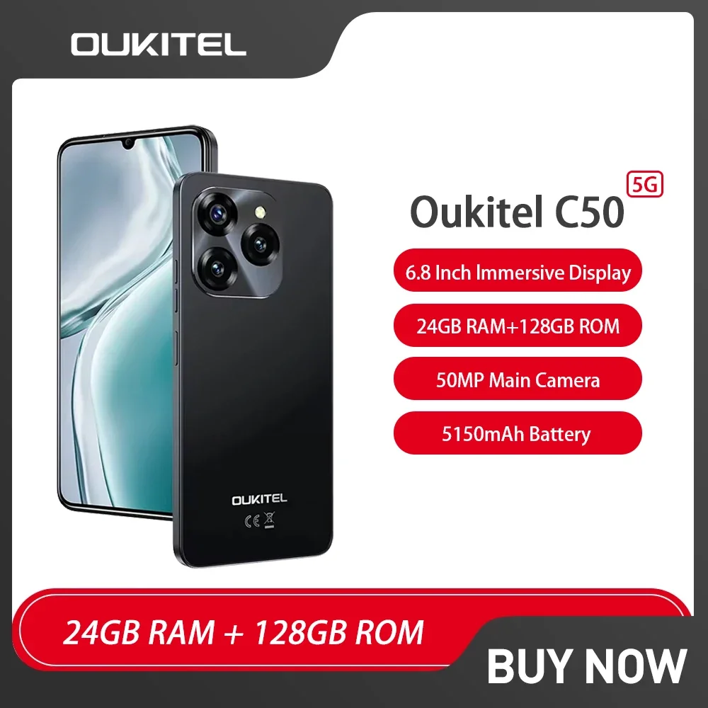 Oukitel C50 스마트폰, 안드로이드 14, 6.8 인치 HD + 물방울 화면, 24GB + 128GB 5G 휴대폰, 5150mAh 50MP 휴대폰 판매 중 