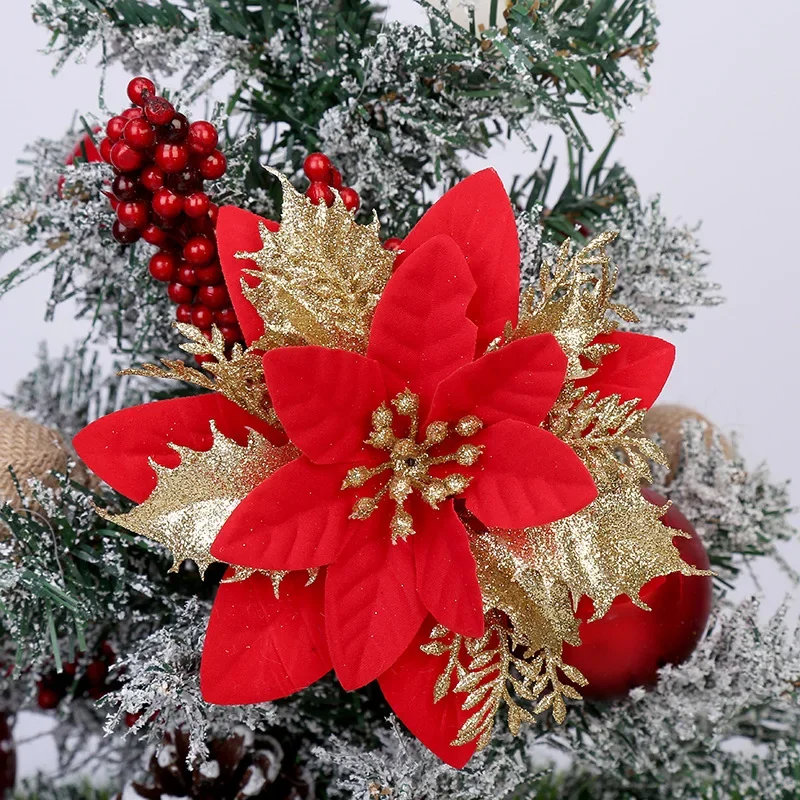 Glitter Artifical Christmas Flower Tree Decorations For Home Fake Christmas Ornaments New Year Decor 2024 Xmas Party Supplies